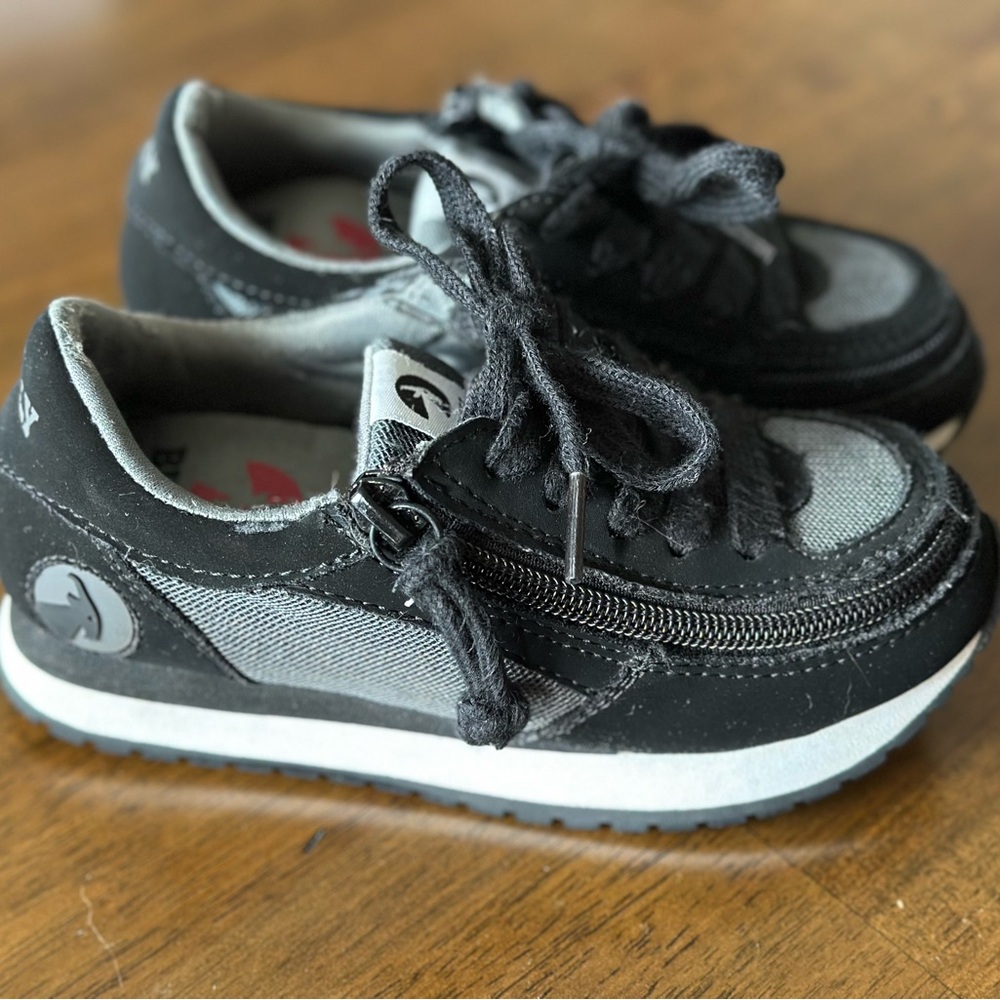 Billy Footwear adaptive tennis shoes for kids, size 11, black/grey.